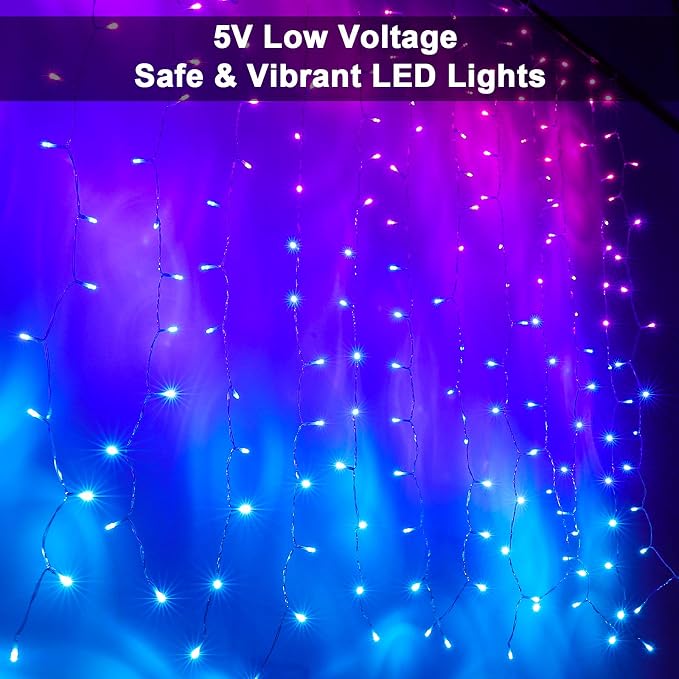 Pink Purple & Blue Ombre LED Curtain Lights with Remote, Rainbow Waterfall String Lights Ombre Hanging Fairy Mermaid Light for Teen Room, Girls Room, Mernaid, Bedroom, Birthday, Cute Holiday Décor