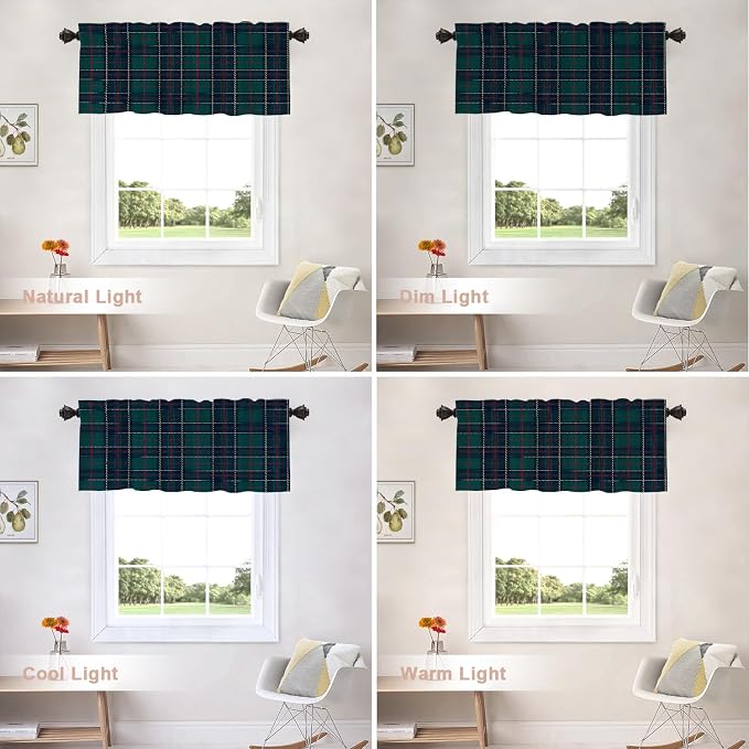 Shrahala Tartan Plaid Kitchen Valances, Green Scottish Fabric Kilt Twill Woven Half Window Curtain Window Treatment Multilayer Polyester Blackout for Living Room Bathroom 52 x 18 in
