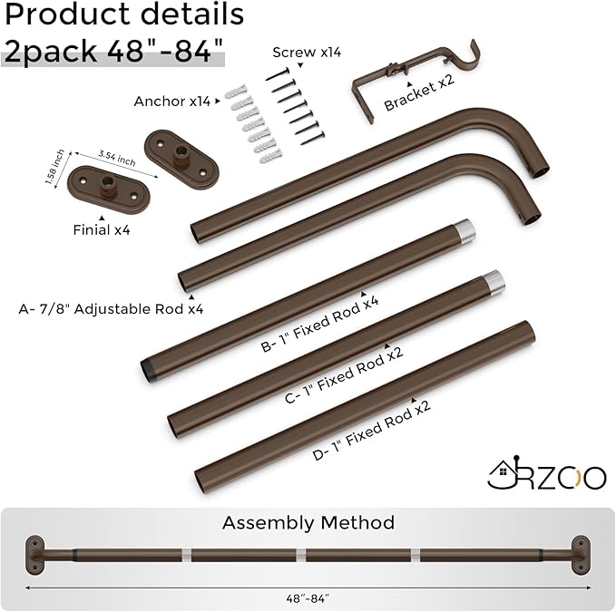 2 Pack Blackout Curtain Rod Bronze,Wrap Around Heavy Duty Curtain Pole for Windows 48 to 84 Inch, 1" Decorative Room Darkening Curved Modern Drapery Rod (Bronze/Unique Design/All Metal)