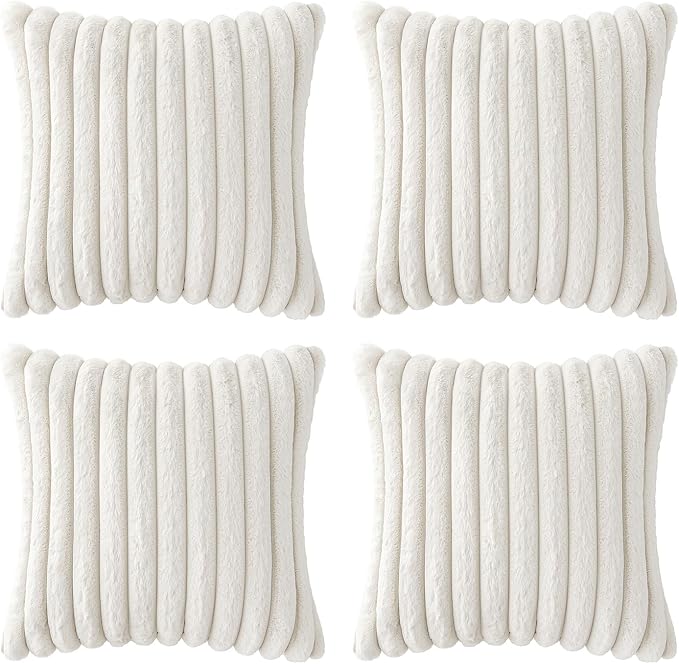 MIULEE Faux Fur Plush Decorative Throw Pillow Covers 20x20 Set of 4, Modern Soft Fuzzy Striped Cushion Covers for Spring Sofa Couch Bed Living Room Cozy Home Decor,Pure White