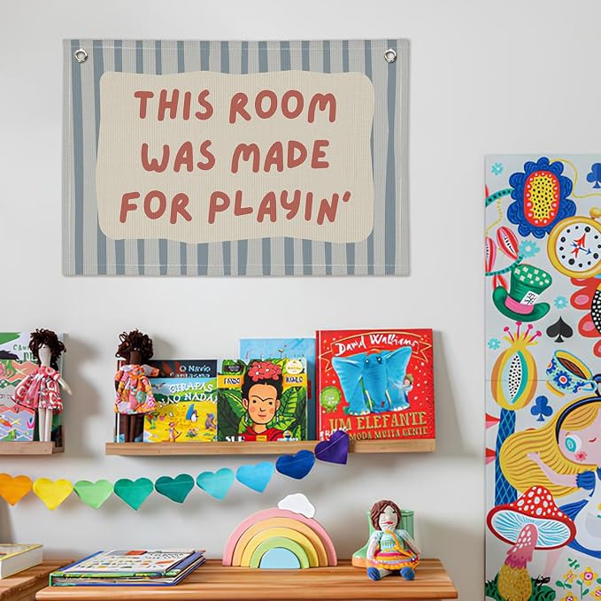 Playroom Decor Wall Banner "This Room Was Made For Playin'" 20x30 Inch - Nursery Canvas Art, Kids Bedroom Hanging, Toddler Play Area Sign, Children's Canvas Flag Decor - Red