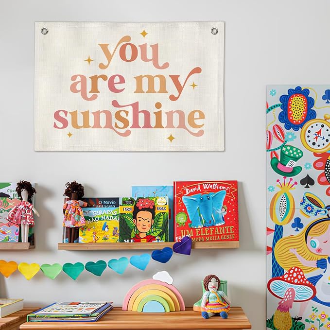 Girls Room Decor, Baby Girl Nursery Baby Shower Decor Gift, You are My Sunshine Linen Canvas Banner, Pink Boho Wall Hanging Banner Flag 20x30 Inch