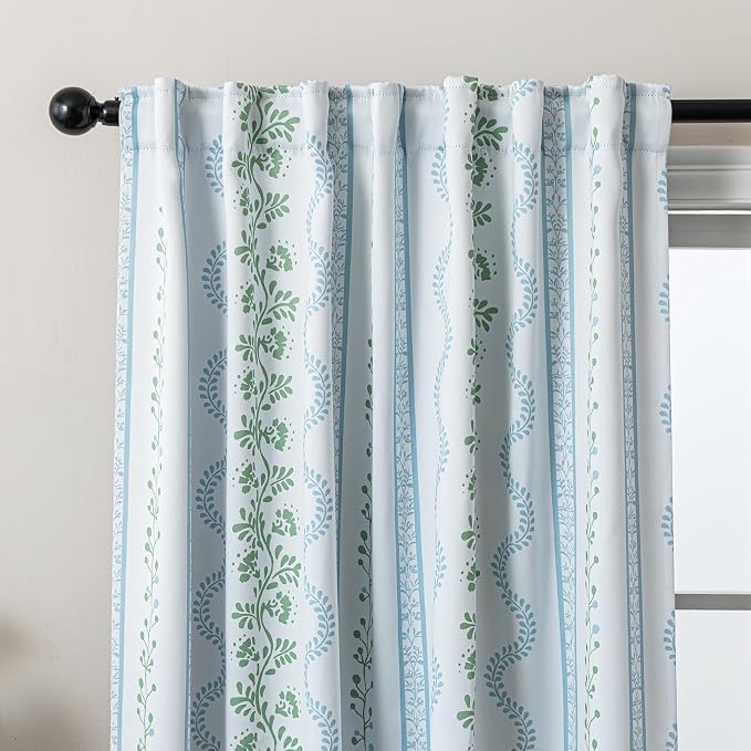 Light Blue and White Floral Blackout Curtains, French Country Cottage Core Green Scalloped Thermal Insulated Drape for Summer Heat, Grand Millenial Coastal Curtain for Living Room Bedroom 84 Inch Long
