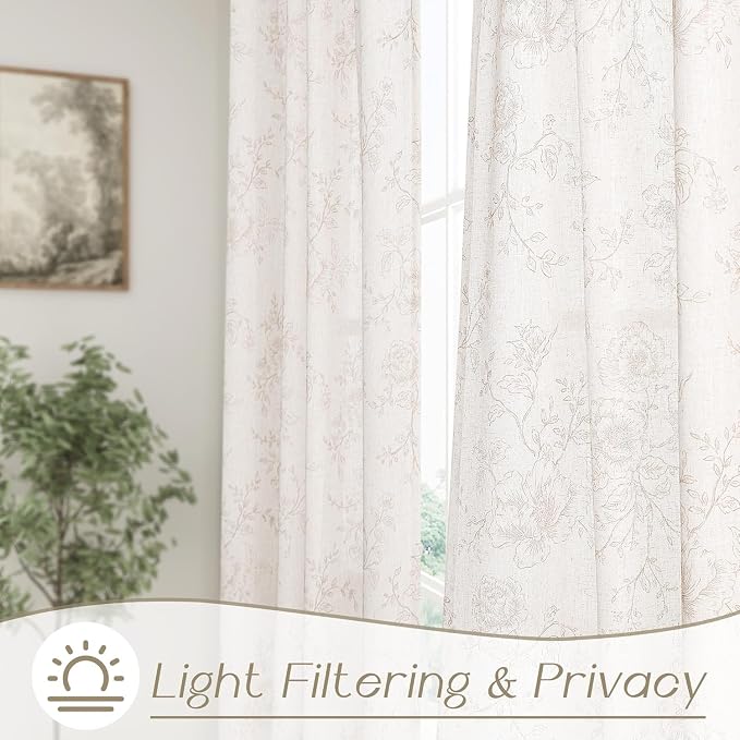 Brown Floral Curtains 144 inch Length Back Tab Farmhouser Living Room Light Filtering Curtains Brown Pattern Print on Cream White Linen Curtain Minimalist Aesthetic Sketch Style Vintage Room Decor