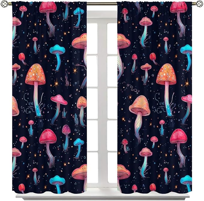 Fantasy Mushroom Curtains,Colorful Plant Print Window Treatments for Bedroom Living Room Kitchen Cartoon Herbs Floral Polyester Fabric Window Drapes 2 Panels Set,Total Size 84 x 84 Inch