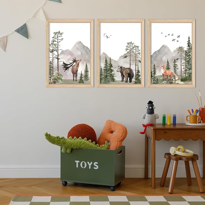 Woodland Nursery Animal Wall Art 11x16 3pc, Deer Bear Fox Boys Room Decor | Rustic Wood Framed Forest Mountain Watercolor Prints Set of 3, Toddler Boys, Kids Bedroom, Playroom & Nursery Nature Decor