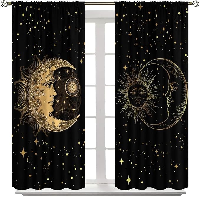 Sun and Moon Blackout Windows Curtains, Golden Planet Star Mysterious Galaxy Curtains Space Curtains, for Living Room Bedroom 63x63in 2 Panels