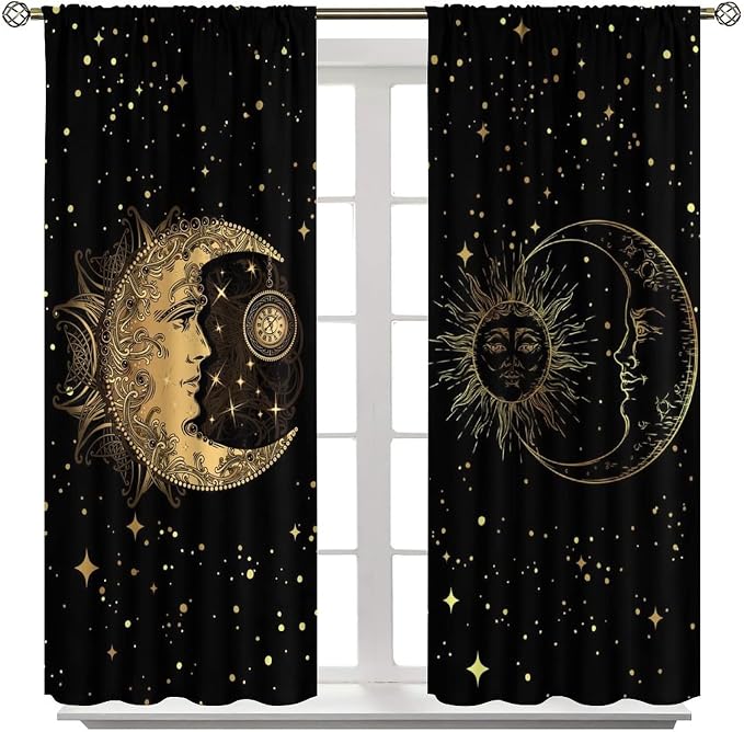 Sun and Moon Blackout Windows Curtains, Golden Planet Star Mysterious Galaxy Curtains Space Curtains, for Living Room Bedroom 55x63in 2 Panels
