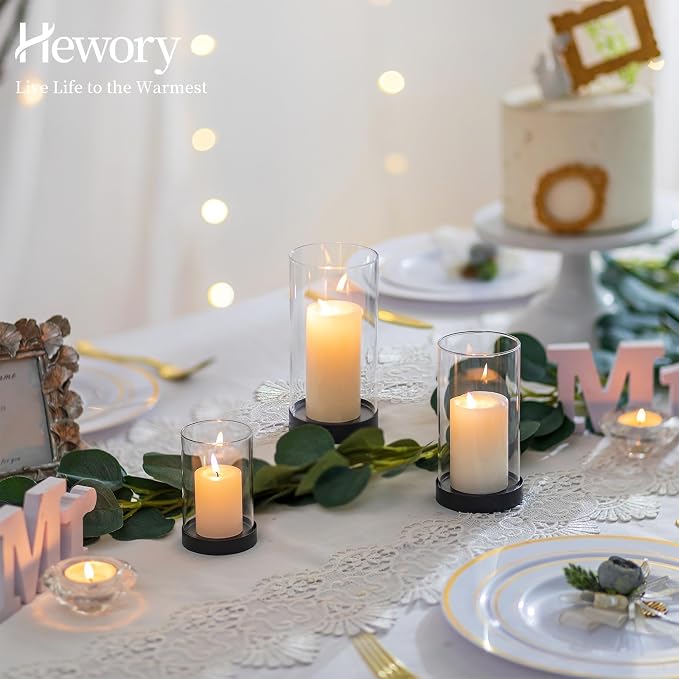 Hewory Hurricane Candle Holder for Pillar Candles: Black Votive Candle Holders Set of 6, Glass Hurricane with Metal Candle Plate, Pillar Candle Holder for Table Centerpiece Wedding Holiday Home Decor