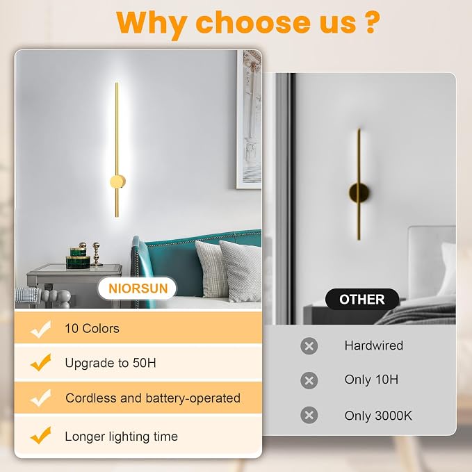 NIORSUN 24 Inch Battery Operated Wall Sconce Set of 2,Gold Minimalist Rechargeable LED Wall Lights with Remote, 10 Colors Dimmable Wireless Wall Lamp for Living Room Bedroom Hallway