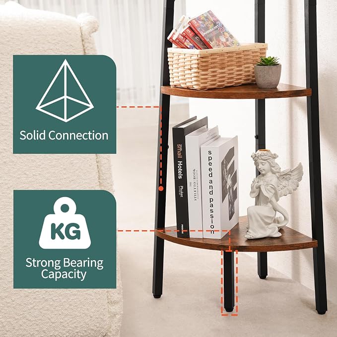 Yoobure 4‑Tier Corner Shelf – Sturdy Metal Frame & Wood Ladder Bookshelf, Space‑Saving Display Shelves for Plants & Books, Easy Assembly, for Bedroom, Living Room, Office, Balcony