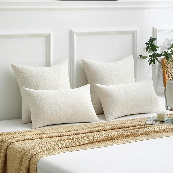FUTEI Cream Decorative Throw Pillow Covers 26x26 Inch Set of 2,Soft Chenille Phoenix Tail Leaf Textured Euro Pillow Shams,Modern Home Decor for Couch Bed Living Room