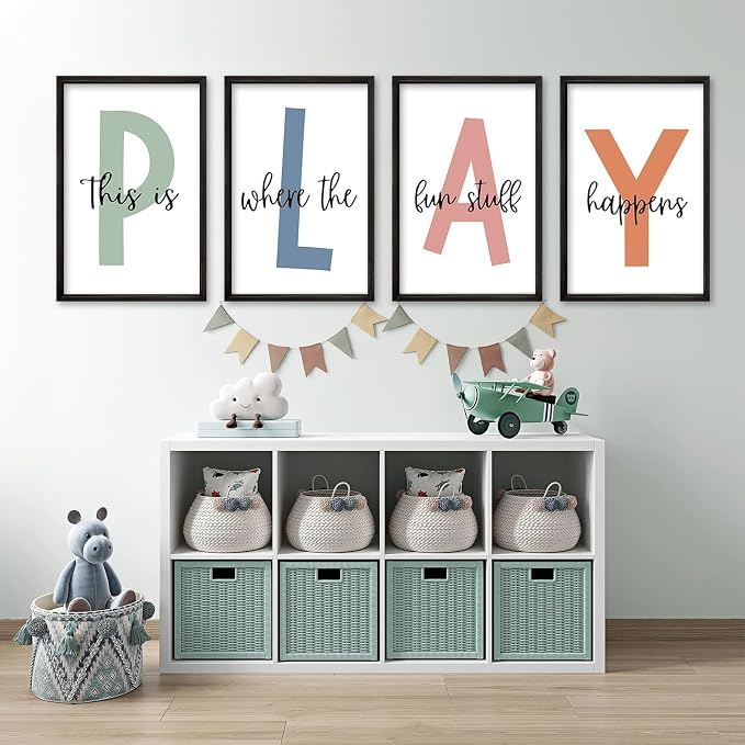 This Is Where Fun Stuff Happens Kids Playroom Wall Decor PLAY Quote Art | Motivational Prints for Nursery, Black Wood Frame, Set of 4, 11x16 Inches , Let's Play Sign for Toddler Boys, Ready to Hang