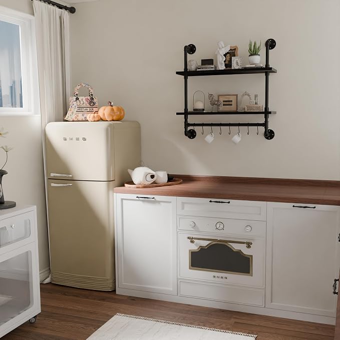 ROGMARS Industrial Pipe Shelving Pine Wood Floating Shelves for Wall | 30 inch Kitchen Wall Mounted shelves Bathroom Shelves with Towel Bar Coffee Bar Shelf with Hooks for Living Room Bedroom