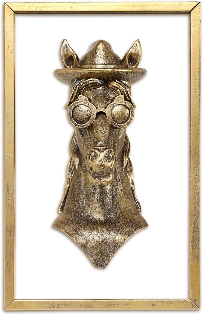 Newinhome Animal Heads Wall Decor (Includes Metal Frame) Resin Animals Sculptures Head Wall Hanging Decoration Gold vintage Wall Sculpture for Living Room Bedroom Office(Horse)