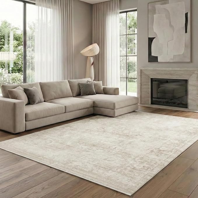 Homemate Washable Rug 6x9 Area Rugs - Vintage Faux Wool Rugs for Living Room Bedroom Dining Room - Non Slip Foldable Carpet Indoor Area Rug for Home Decor(6'x9', Beige