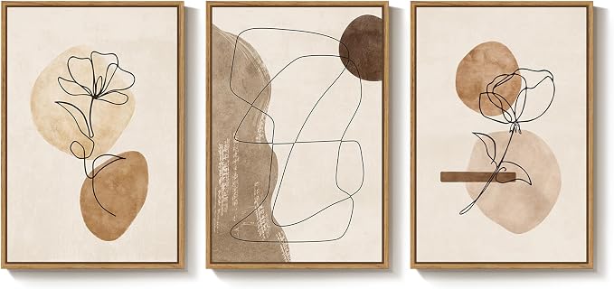 Framed Neutral Abstract Boho Wall Art Bedroom, 3 Piece Brown Black Botanical Minimalist Floral Lines Canvas Artwork for Walls, Modern Bohemian Pictures for Dining Room Living Room Wall Decor, 16x24 In