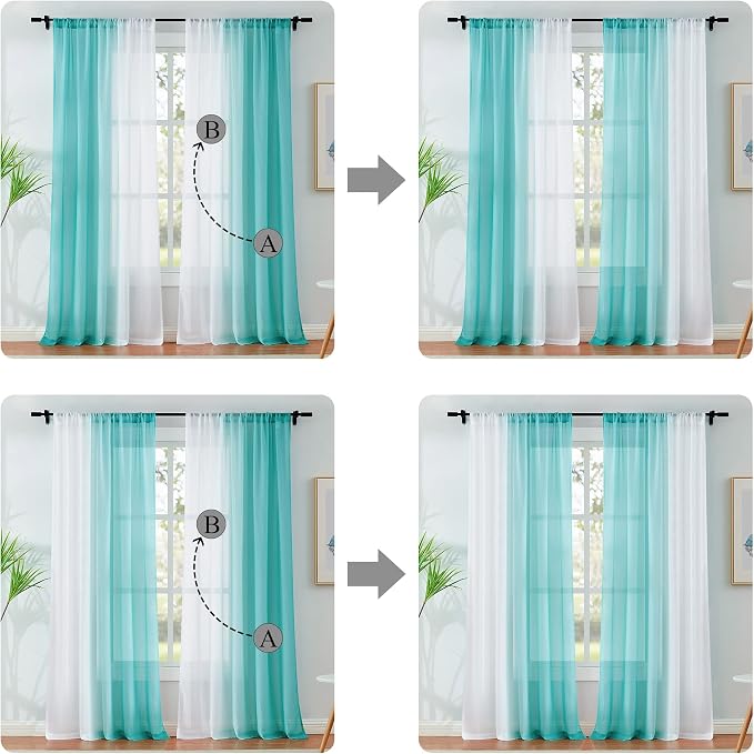 Teal Ombre Chiffon Sheer Curtains for Living Room Gradient Crinkle Semi Voile Curtain Panels for Bedroom Light Filtering Window Drapes for Office, Patio, Holiday Decor, Rod Pocket, 52"Wx95"L, 2 Pcs