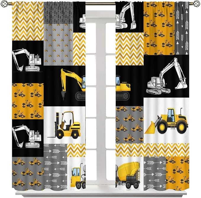 Excavator Blackout Curtain,Boys Kids Construction Vehicles Curtains Equipment Trucks Cartoon Car for Kitchen Office Bedroom Cafe Dining Room Living Room Drapes Decor, 42x45 in