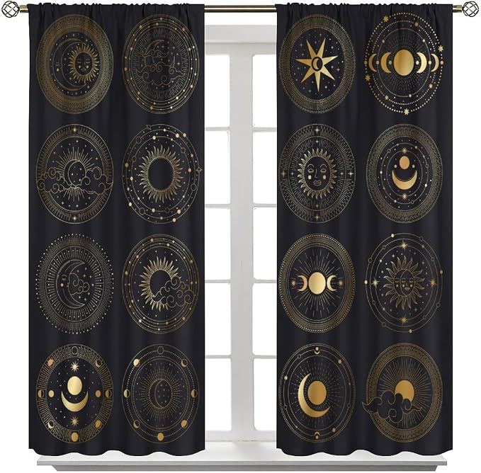 Bohemian Sun Moon Star Blackout Curtains, Golden Retro Style Sun and Moon Pattern Print Window Drapes, for Living Room Bedroom 42x45in 2 Panels