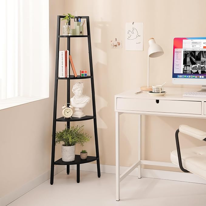 Yoobure 4‑Tier Corner Shelf – Sturdy Metal Frame & Wood Ladder Bookshelf, Space‑Saving Display Shelves for Plants & Books, Easy Assembly, for Bedroom, Living Room, Office, Balcony