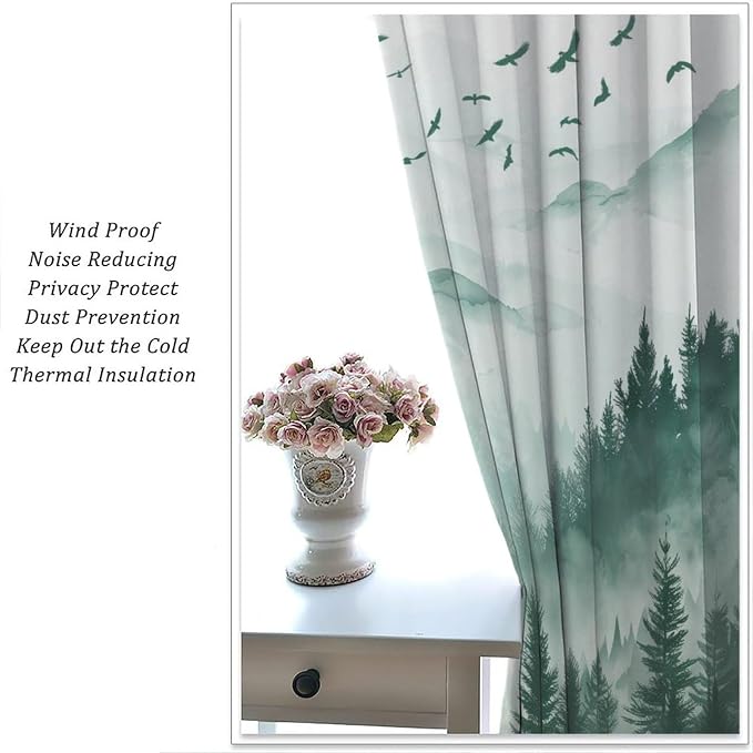Watercolour Forest Curtains, Green Nature Forest Valley Misty Fresh Flying Birds Landscape Blackout Windows Treatments, Thermal Insulated Drapes for Kids Boys Girls Living Room Bedroom 72x63in