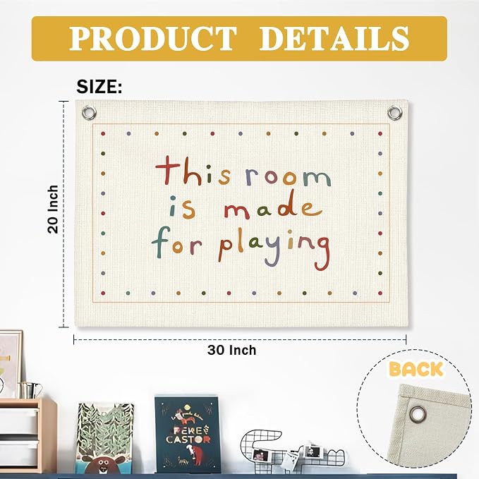 Playroom Decor Canvas Banner "This Room Was Made For Playing Flag Wall Decor, Nursery Canvas Art, Playroom Wall Hanging Flag Decorations for Kids Boy Girl Nursery Toddler Room Bedroom, 30x20 Inch