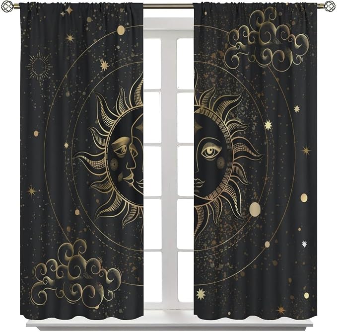 Sun Moon Blackout Curtains, Abstract Golden Stars Mystic Celestial Universe Starry Sky Boho Art Vintage Retro Window Drapes, for Bedroom Living Room 55" W X 63" L