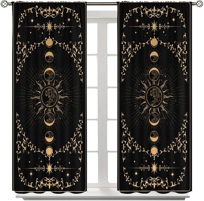 Sun Moon Blackout Curtains, Retro Bohemian Gold Sun Moon Stars Magic Art Window Treatment Drapes for Bedroom Living Room 55" W X 63" L
