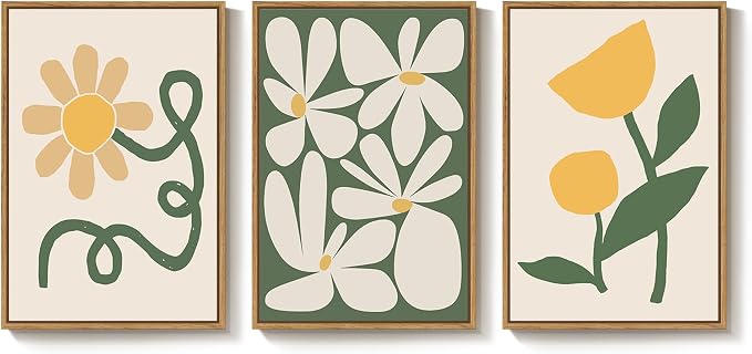 Framed Boho Abstract Wall Art Bedroom, 3 Piece Green and Yellow Mid Century Modern Canvas Artwork for Walls, Paintings Prints Botanical Floral Pictures for Living Room Dining Room Wall Decor, 16x24 In