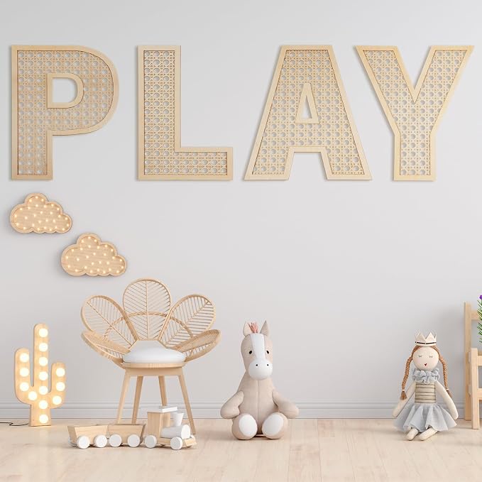 GlikCeil Playroom Decor Rattan Letters Set 12 x 15 Boho Wall Signs for Bedroom Large Wooden Rattan Letters for Toddler Girls Boys Playroom Art Nursery Room Decorations(Play)
