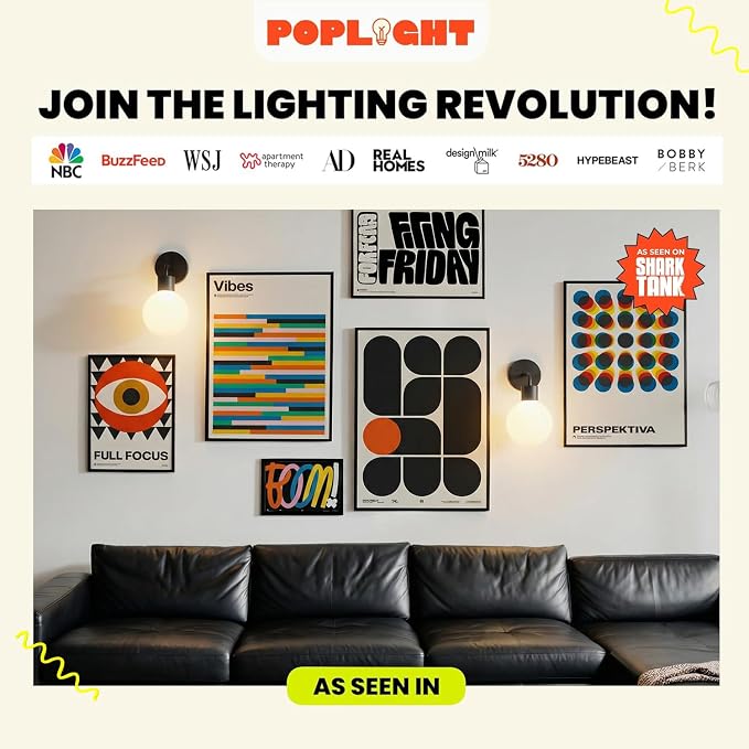 Poplight Wireless Wall Sconce (Shark Tank) Rechargeable & Dimmable LED Light w/App Control & Damage-Free Install, Moveable Modern Ambient Lighting for Elegant Home & Bedroom Decor | Matte Black