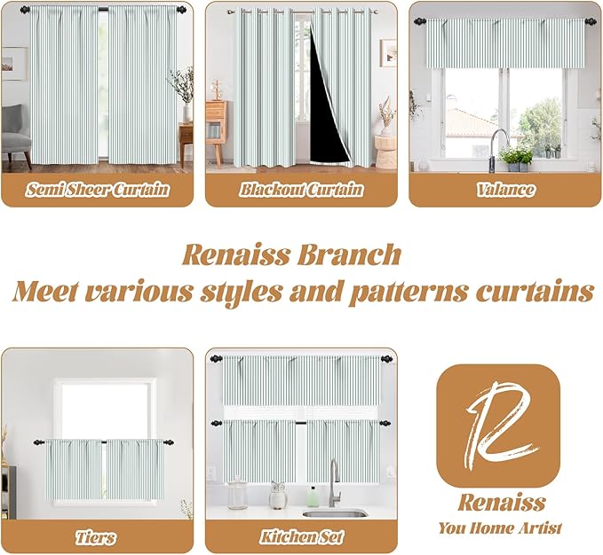 Renaiss 42 x 54 Inch Sage Green Linen Kitchen Curtains Farmhous Country Striped Tier Curtain Ticking Stripe Small Drapes for Living Room Bathroom Cafe Small Window Rustic Pinstripe Rod Pocket 2 Panels