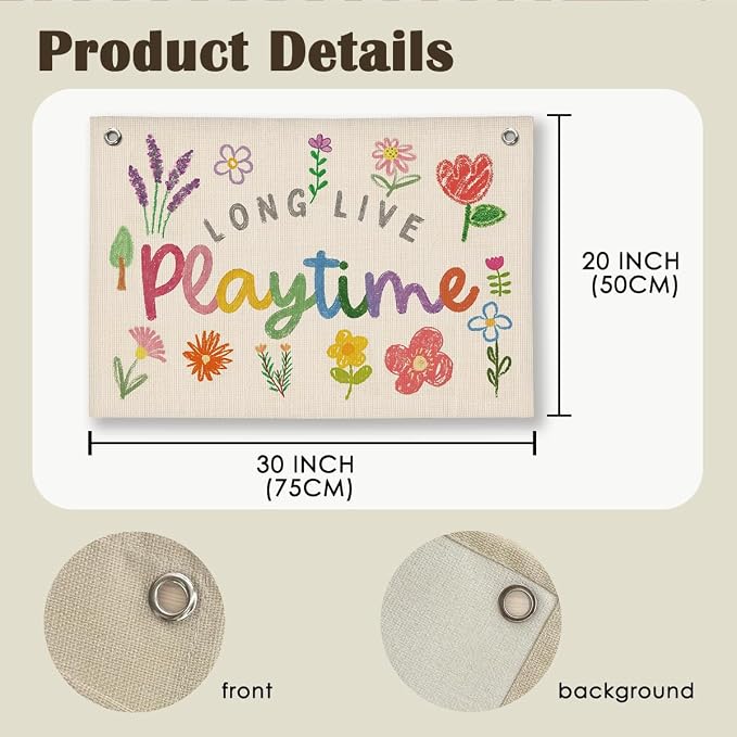 Playroom Flower Wall Decor, Toddler Playroom Decor Hanging Linen Banner,Play Room Wall Decor for Nursery Nursery, 20x30 Inch