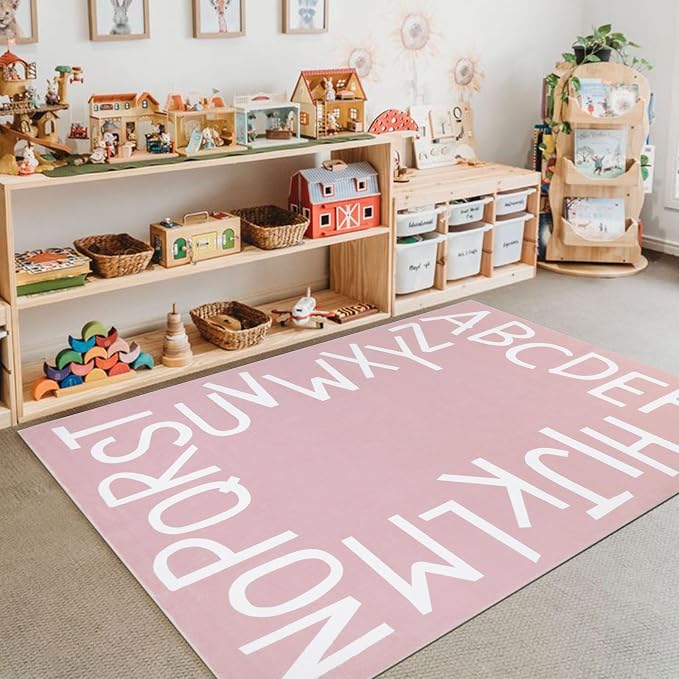 Topotdor ABC Area Rug,47x70 Inch Soft Floor Carpet,Pink | Washable Alphabet Area Rug,Non Slip Floor Mat Ideal for Bedrooms,Kids Rooms,Classrooms