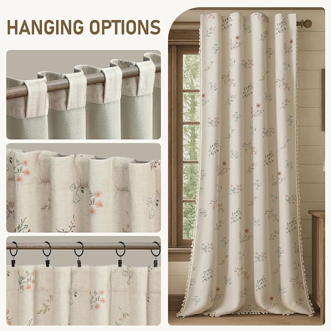 Boho Floral 100% Blackout Curtains for Bedroom 84 Inch Length 2 Panels Set, Linen Texture Farmhouse Curtains Beige Tassel for Living Room Vintage Rustic Patterned Printed Western Rod Pocket