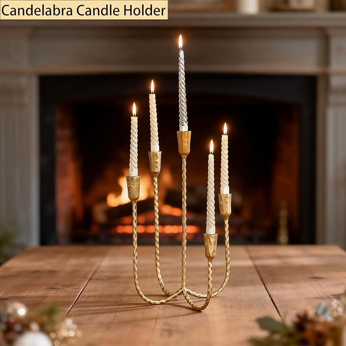 17.5 Inch 5-Arm Candle Cast Iron Metal Candelabra Candlestick Holders | Tall Antique Brass Taper Candle Holder, Vintage Farmhouse Centerpiece for Wedding, Fireplace Mantel & Dining Room Table Decor