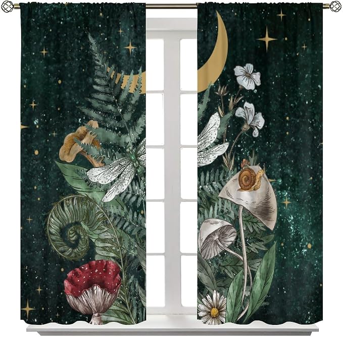 Vintage Mushroom Curtains, Watercolor Fern Botanical Mushroom Herbs Nature Plants Moon Stars Dark Green Universe Blackout Window Treatments for Kitchen Bedroom, 52" W X 84" L