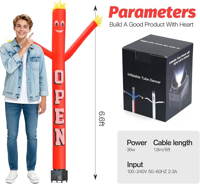 6ft Open Sky Air Puppet Dancer Inflatable Waving Tube Man with Lights & Built-in Blower - Wacky Waving Dancing Tube Guy for Business Promotion Stand Out Christmas Advertising