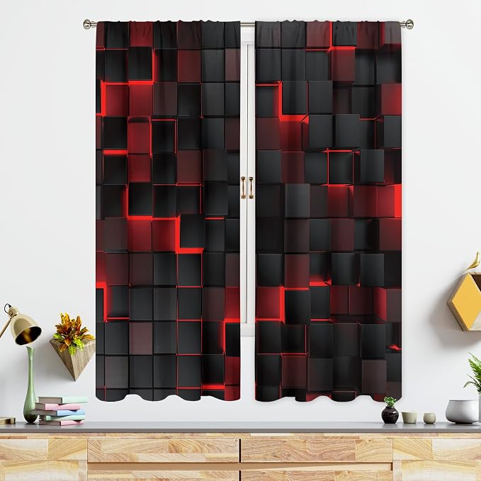 MESHELLY Abstract Red Black Curtains 29Wx63H Inch Rod Pocket Modern 3D Gradient Design Futuristic Geometric Cubes Bedroom Window Drapes Man Boys Printed Living Room Window Treatment Fabric 2 Panels
