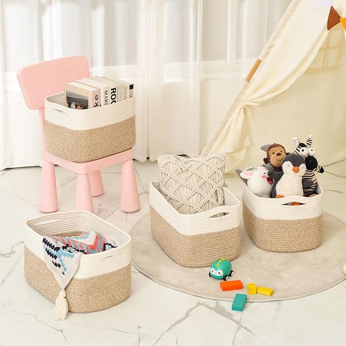 ICERZCZ Storage Baskets for Organizing & Shelves, Woven Cotton Rope Organization Bins for Dog Toys, Clothes, Books, Nursery Organizer, 15" Lx11''Wx9.5''H, (4 Packs) Off White & Brown
