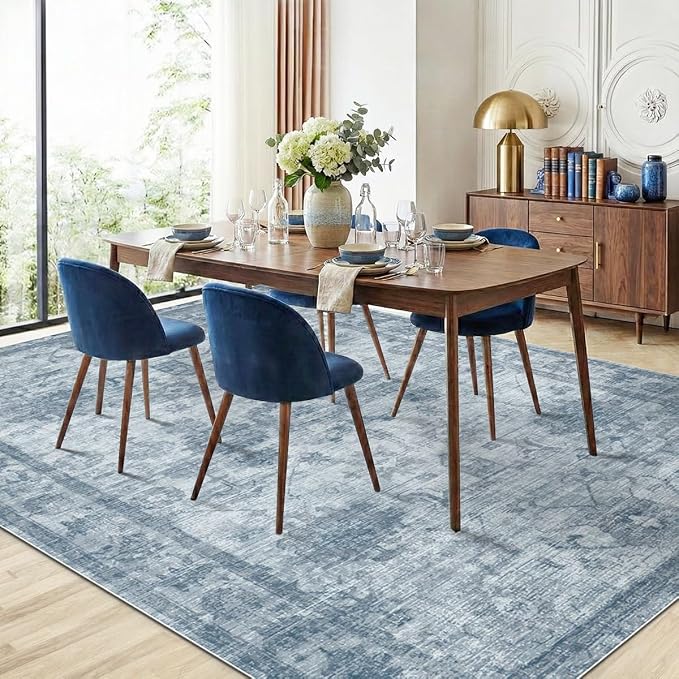 Homemate Washable Rug 5x7 Area Rugs - Vintage Faux Wool Rugs for Living Room Bedroom Dining Room - Non Slip Foldable Carpet Indoor Area Rug for Home Decor(5'x7', Blue