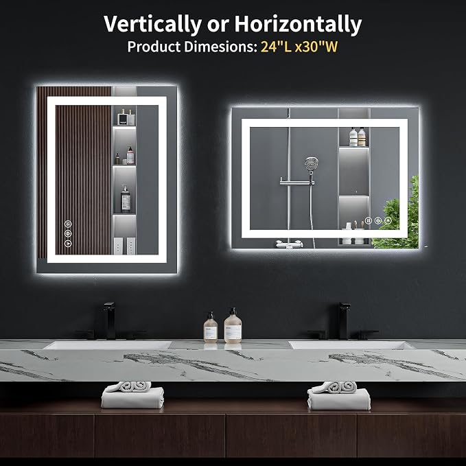 30"x24" LED Bathroom Mirror with Lights, Backlit + Front Lit, Lighted Mirror for Bathroom, Anti-Fog, Dimmable Brightness, 3 Colors, Memory Function