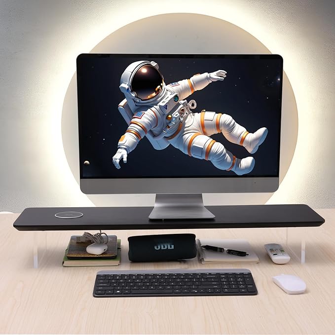 SUIBIAN Black Monitor Stand Riser with Wireless Charging 31.5Inch Large, Computer Monitor Stand,Wooden Desktop Organizer Shelf for Office Desk Computer,Laptop,TV (Black Oak)
