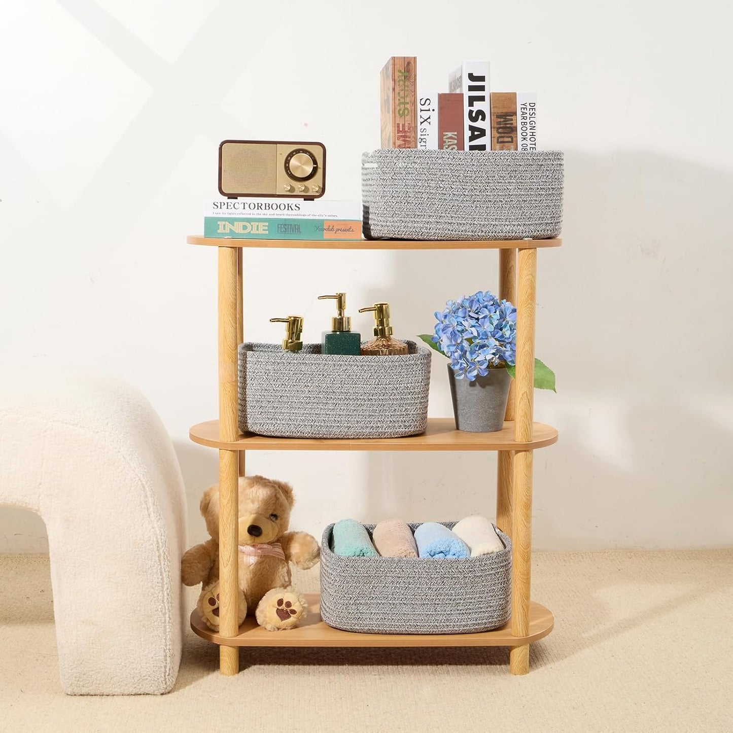 Small Storage Baskets for Organizing | Closet Organizer Bins | Shelf Toy Basket | Woven Rope Baskets | Cube Decorative Box | Shallow Basket | 13x8.5x5.1” | 3 Packs Mixed Grey