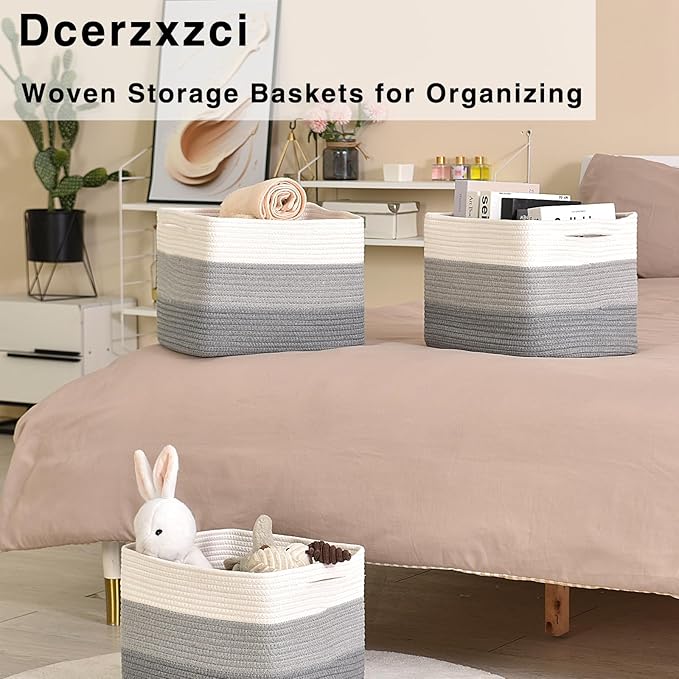 Storage Baskets for Organizing Shelves, Woven Cotton Rope Basket for Storage, Dog Toy Baskets Storage Kids, Book Bins for Living Room Bedroom, 14.8"×11"×9.5", Pack of 3, Gradient Grey