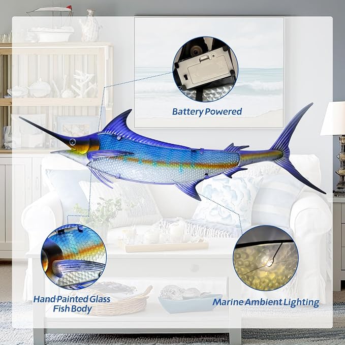 LIFFY Metal Fish Wall Decor,36" Large Marlin Wall Decor with Led Lights,Indoor Outdoor Mounted Ocean Hanging Decorations for Garden Patio Living Room Bedroom,Gift for Home Decor & Nautical Lover