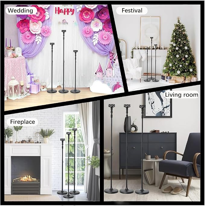 Matte Black Pillar Candle Holders Set of 6 for Halloween Centerpiece | Vintage Metal Floor Candle Holder for Wedding Party Dining Table Home Ceremony Fireplace Mantel Decor