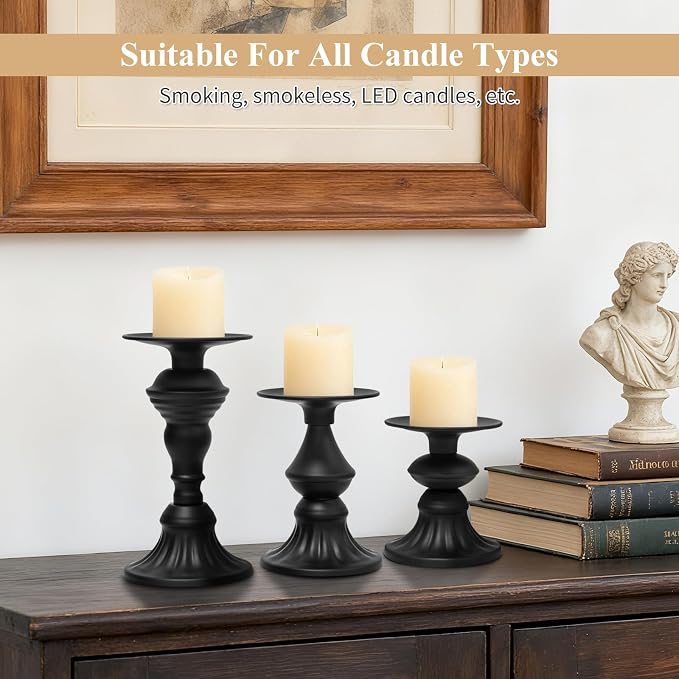 Matte Black Pillar Candle Holders Set of 3, Metal Vintage Antique Candle Stand for Pillar & LED Flameless Candles, Decorative for Table Centerpiece, Fireplace, Dining & Living Room Decoration