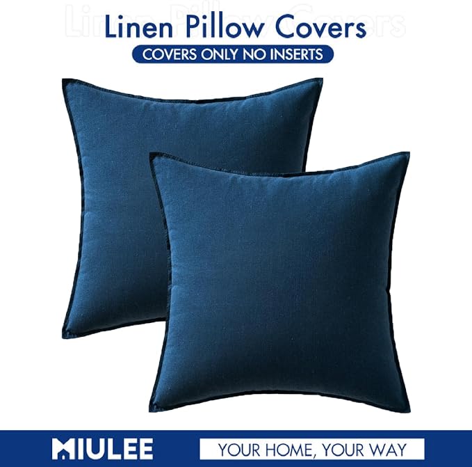 MIULEE Pack of 2 Decorative Linen Pillow Covers 24x24 Inch Navy | Boho Farmhouse Modern Soft Accent Euro Shams Throw Pillows for Bed Neutral Cushion Covers Sofa Couch Living Room Home Decor